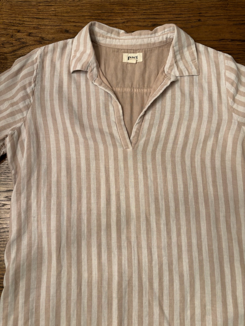 Pact Organic Cotton Shirt Dress Beige Pink Stripe Medium Relaxed Coastal Tunic - Picture 7 of 14